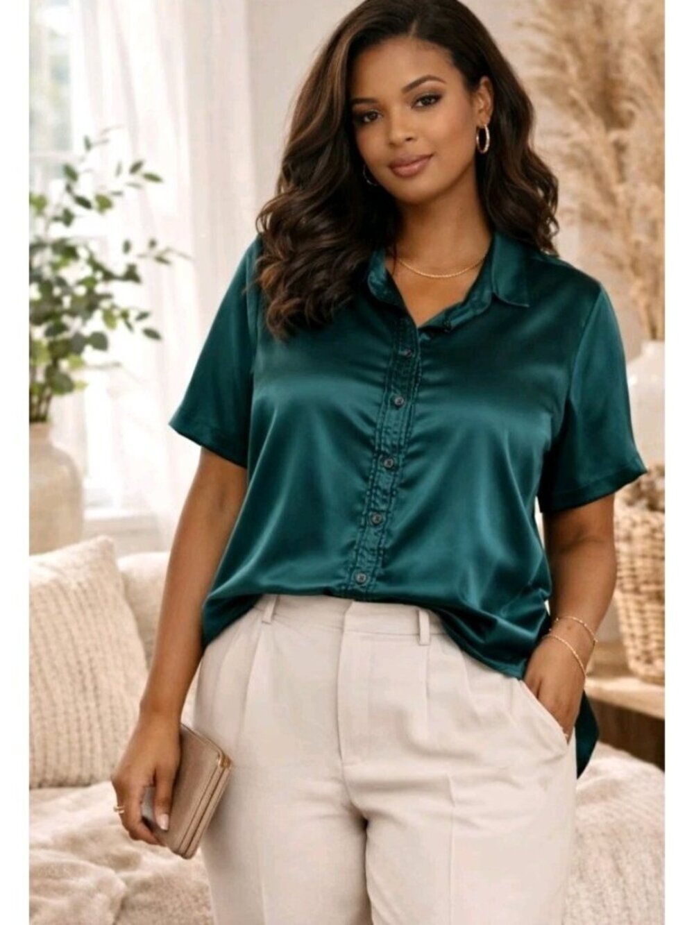 Jaclyn Smith 100% Silk Blouse Short Sleeve Pintucked Quiet Luxury Sz 20 Emerald